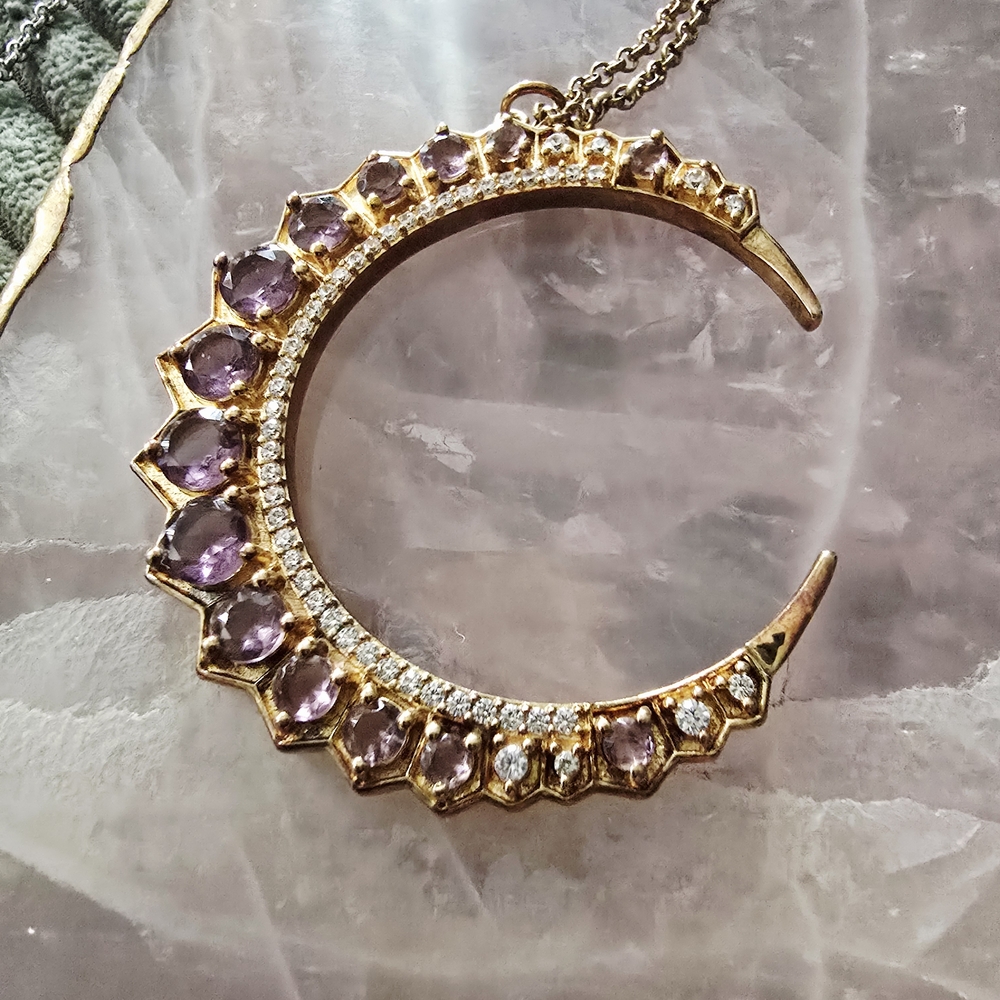 Moon Necklace That Measures 2 Inches. Gold and amethyst necklace.